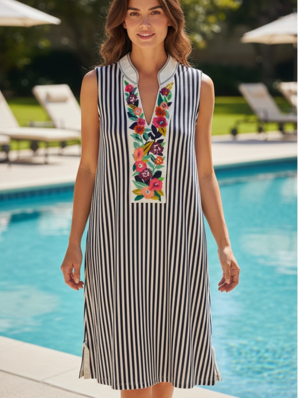 Spartina 449 Navy and Beige Striped Embroidered Midi Dress